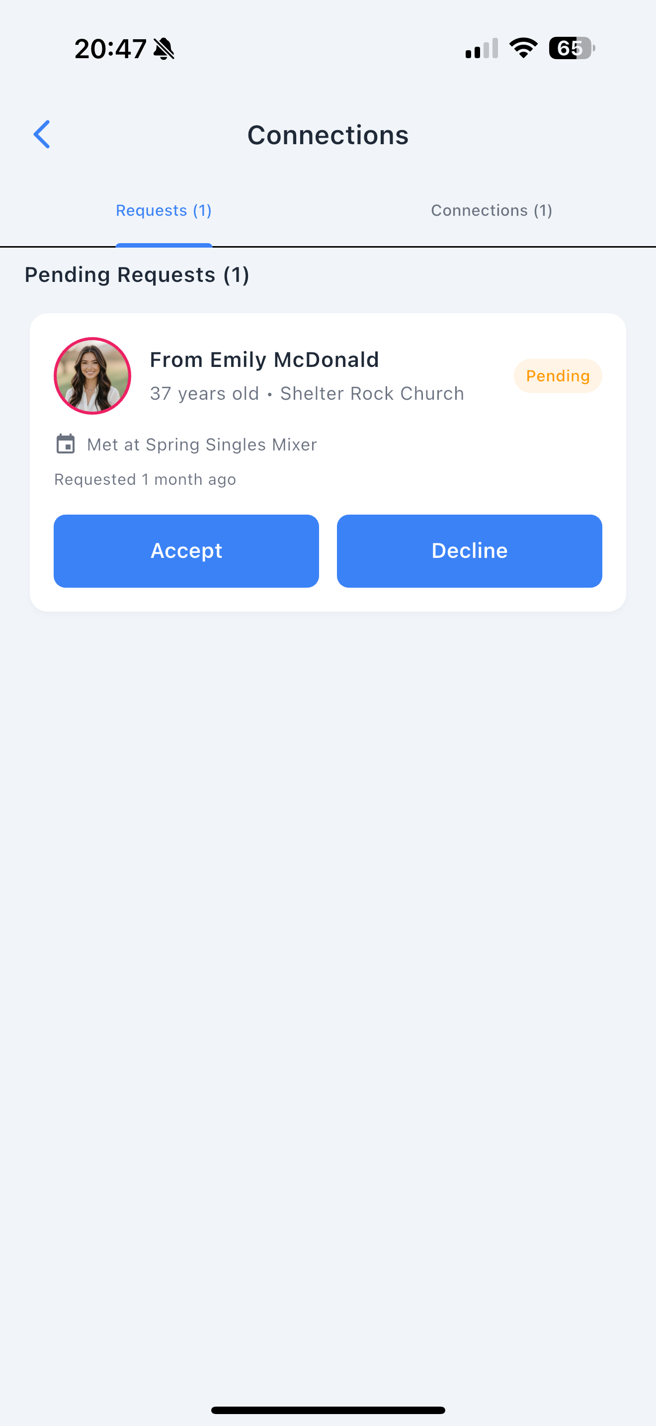 Connection request from a member met at Spring Singles Mixer